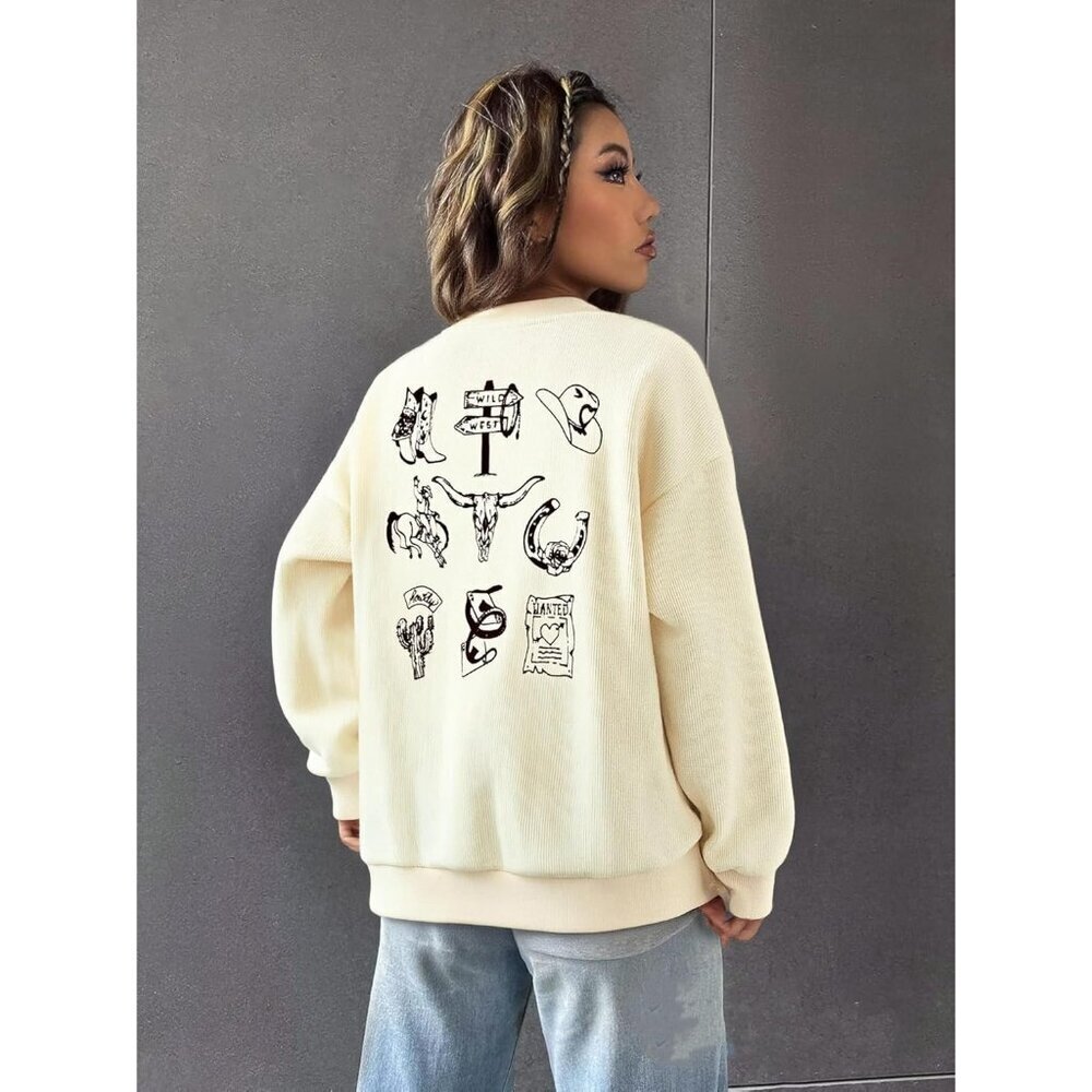 Women's Apricot Cowgirl Rodeo Western Country Concert Boho Cow Skull Sweatshirt - Picture 3 of 6